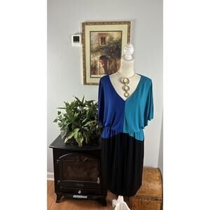 NEW DIRECTIONS Size 12 Black Blue Block Print Short Sleeve Elastic Waist V- Neck